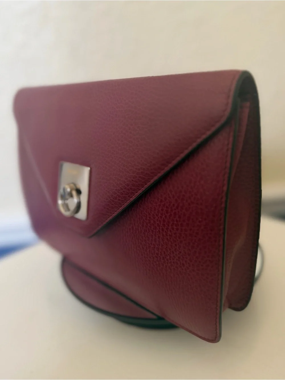 Celine Wine Red Pebbled Leather Envelope Clutch Purse Gold Hardware